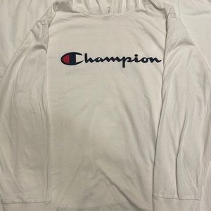 Champion long sleeve lightweight tee with logo and hood.